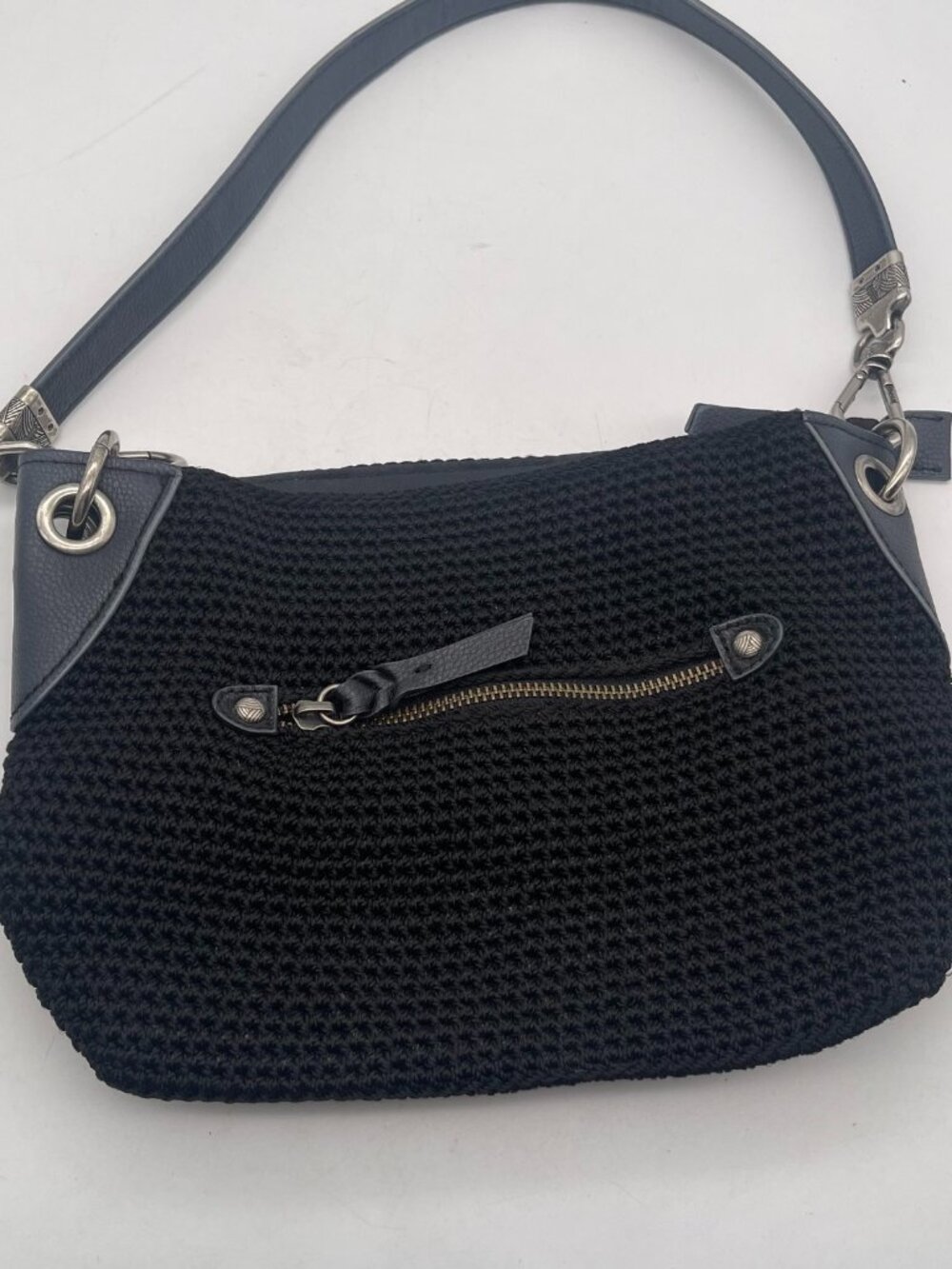 The Sak Black Crochet Shoulder Bag Knit Purse Leather Strap Shoulder Bag
